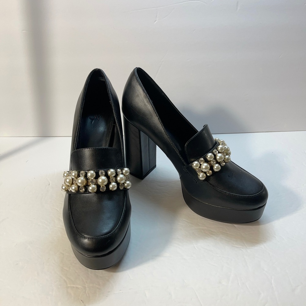 JF Women Platform Loafer Pump 9.5 Black Adele Rhinestone Block Heel Y2K Retro